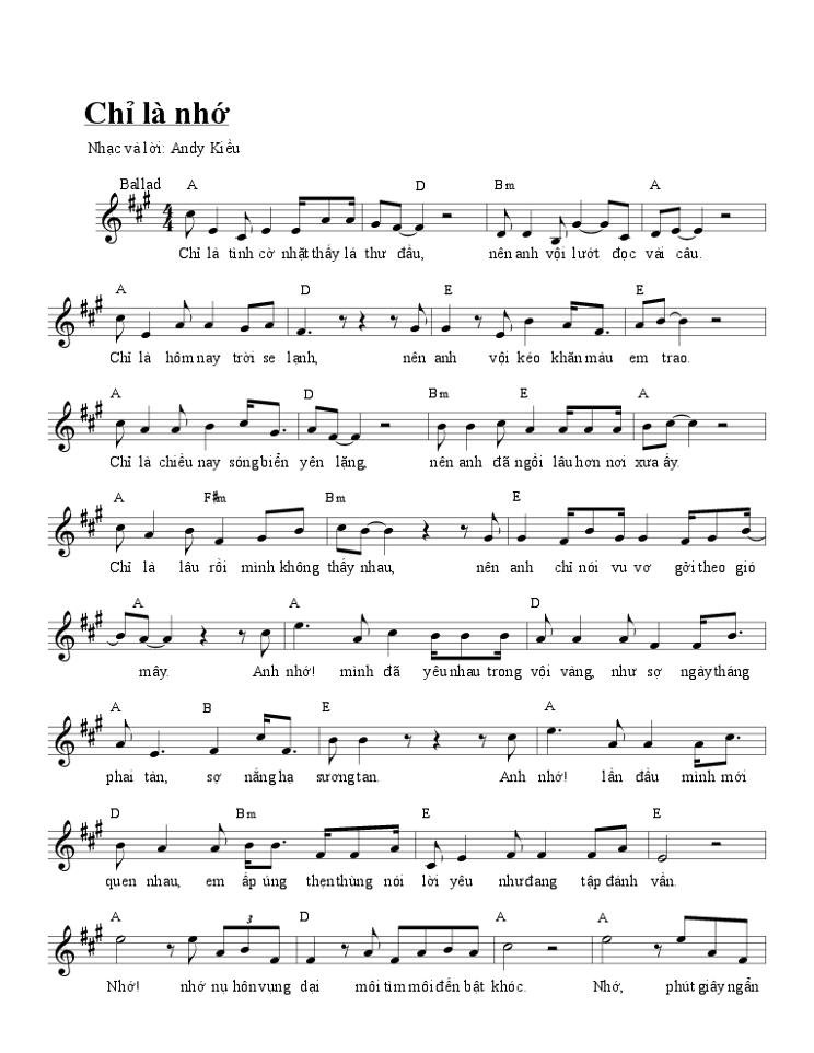 Sheet nhạc Chỉ Là Nhớ